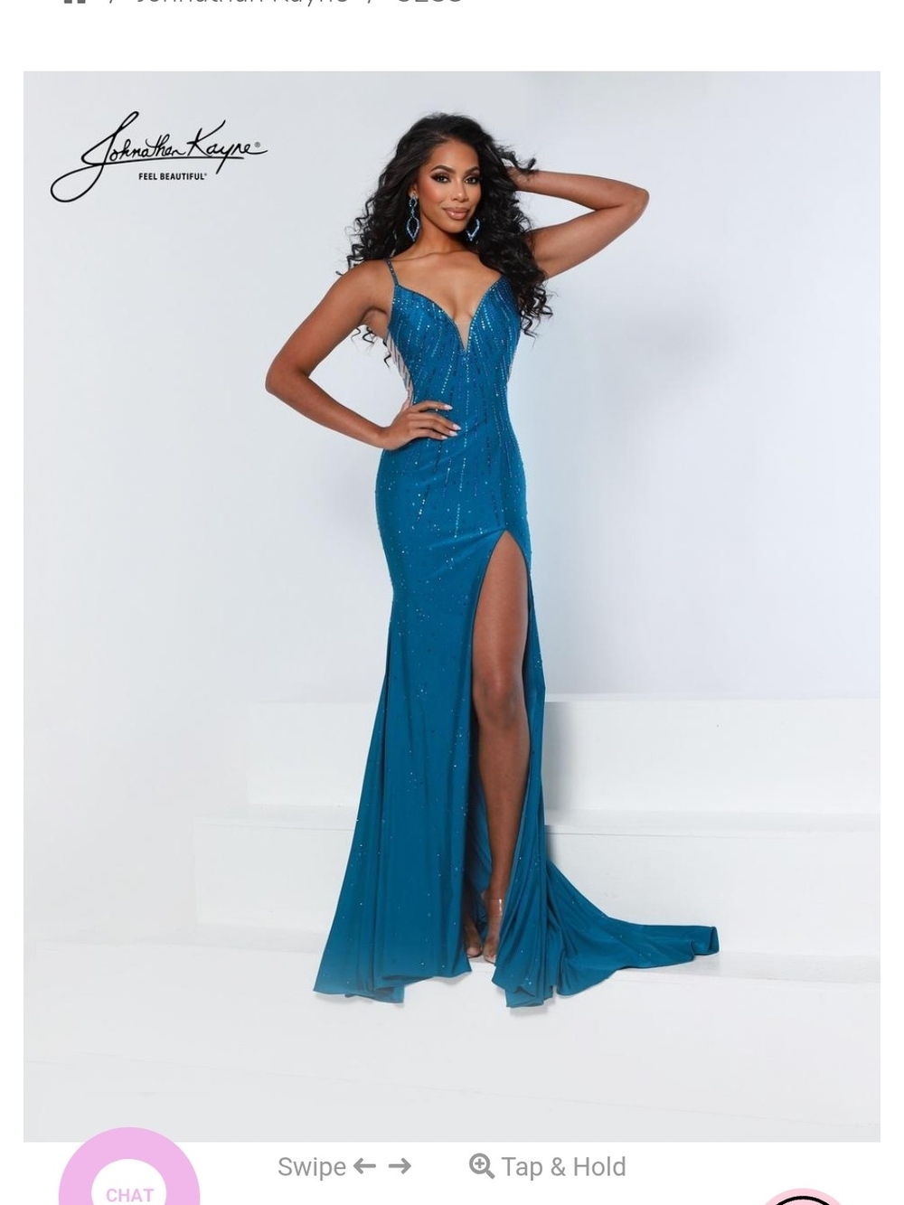 Johnathan Kayne Teal Beaded V-Neck Slit Gown